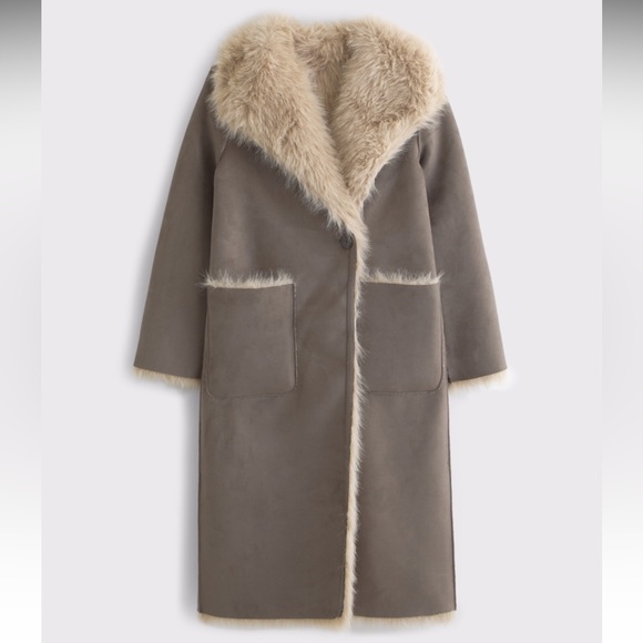 Abercrombie & Fitch Reversible Vegan Suede Shearling Long Coat - Picture 7 of 9